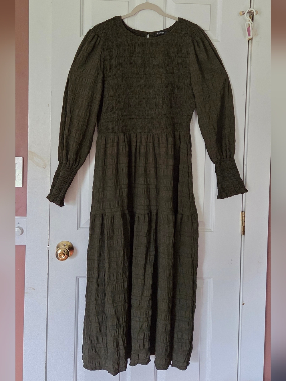 Boho Smocked Long-Sleeved Olive Green Maxi Dress